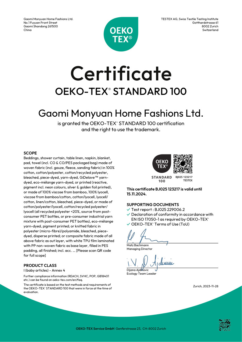 China Gaomi Monyuan Home Fashions Ltd. Certificaciones
